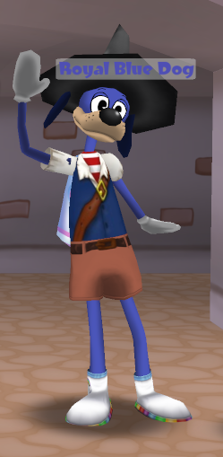 AN IMAGE OF ROYAL BLUE DOG. HE'S SPORTING A NEW OUTFIT.