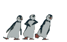 A GIF OF THREE PENGUINS WITH BOWTIES DANCING.