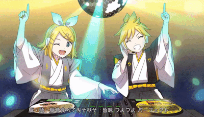 A GIF OF RIN AND LEN KAGAMINE FROM THE CUP NOODLE PROHIBITION MUSIC VIDEO.