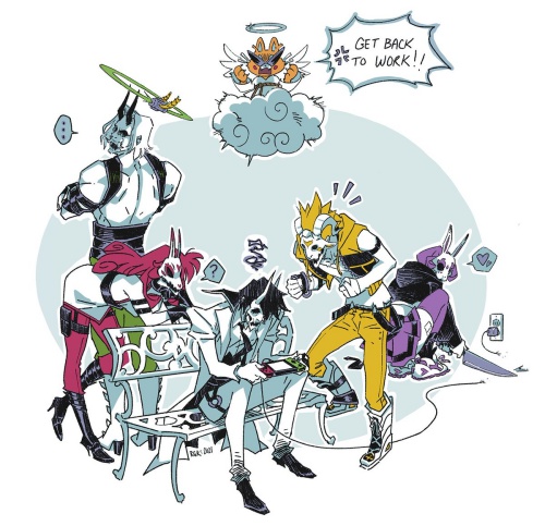 AN IMAGE OF ALL THE MAIN CHARACTERS IN NEON WHITE. WHITE IS PLAYING ON A SWITCH.