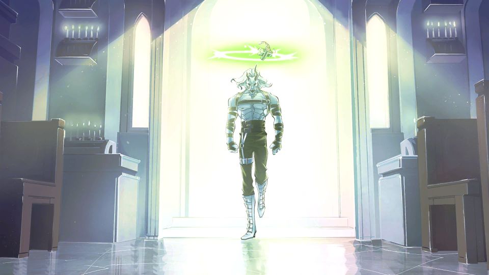 A CG OF NEON GREEN WALKING INTO THE CHAPEL.