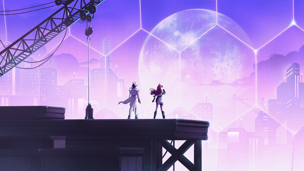 A CG OF NEON WHITE AND NEON RED AT HEAVEN'S EDGE.