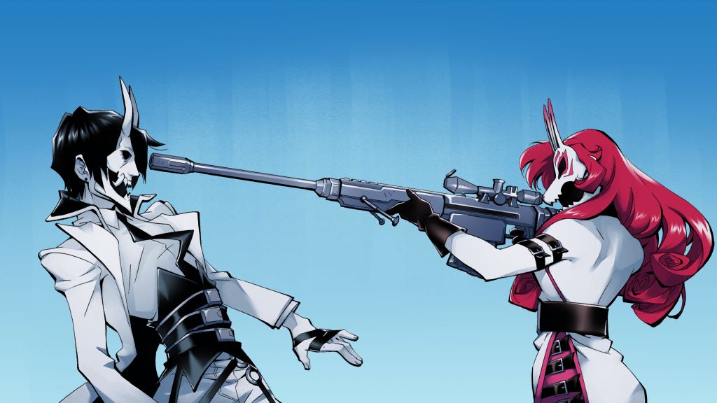 A CG OF NEON RED POINTING HER RIFLE AT NEON WHITE.
