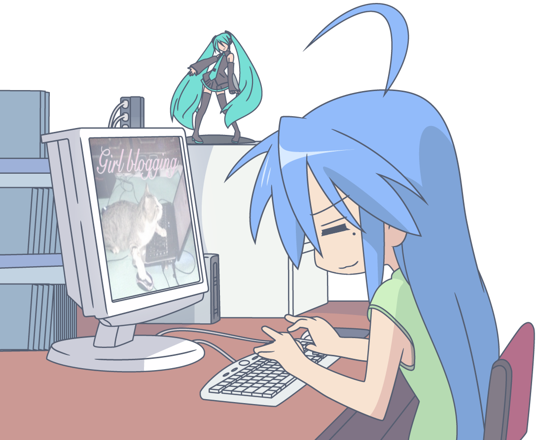 AN IMAGE OF KONATA IZUMI FROM LUCKY STAR AT HER COMPUTER. AN IMAGE OF A CAT ON A COMPUTER CAPTIONED 'GIRLBLOGGING' IS PULLED UP ON HER SCREEN. A MIKU FIGURE IS VISIBLE IN THE BACKGROUND.
