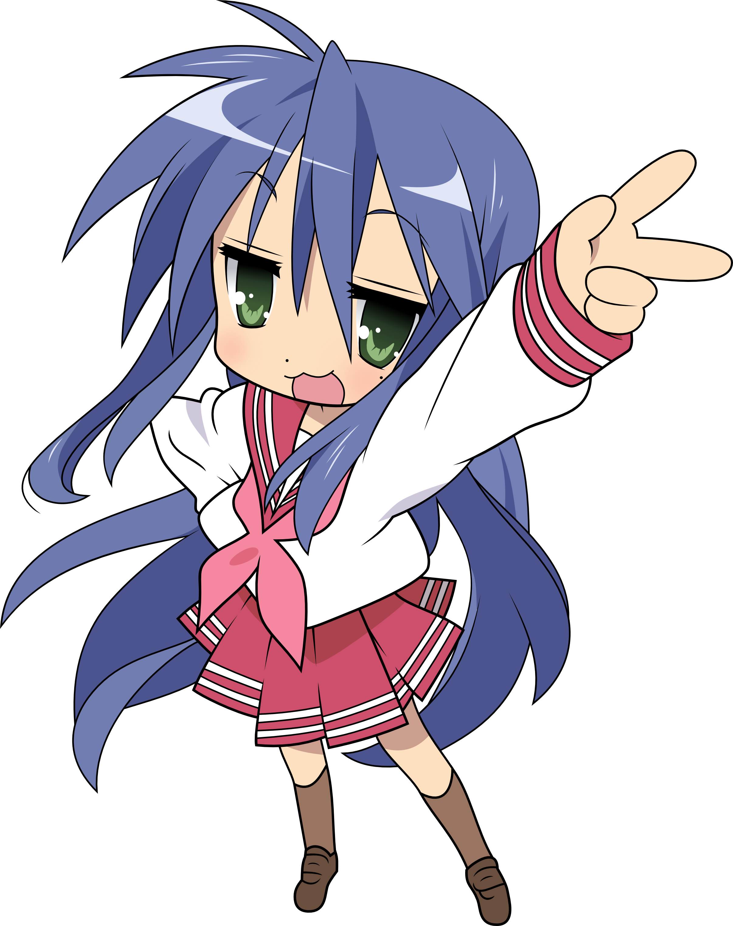 AN IMAGE OF KONATA IZUMI FROM LUCKY STAR DOING THE PIECE SIGN AND LOOKING UP TOWARD THE CAMERA.