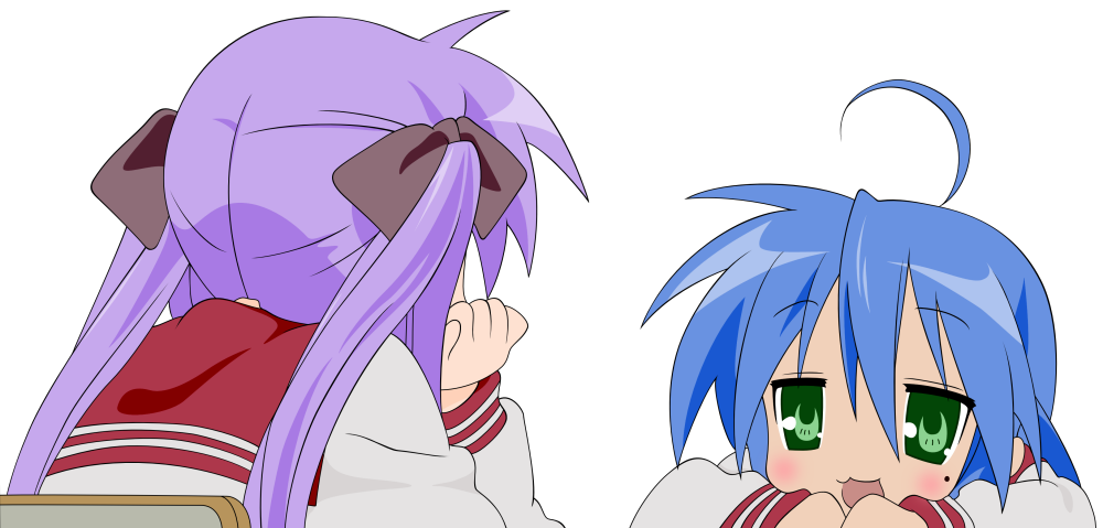 AN IMAGE OF KONATA IZUMI AND KAGAMI HIIRAGI FROM LUCKY STAR LOOKING AT EACH OTHER HAPPILY.