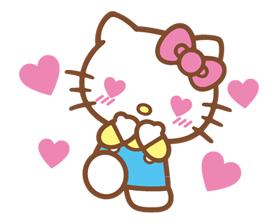 AN IMAGE OF HELLO KITTY WITH PINK HEART EYES AND HER HANDS OVER HER NON-EXISTANT MOUTH. SEVERAL OTHER HEARTS ARE AROUND HER.